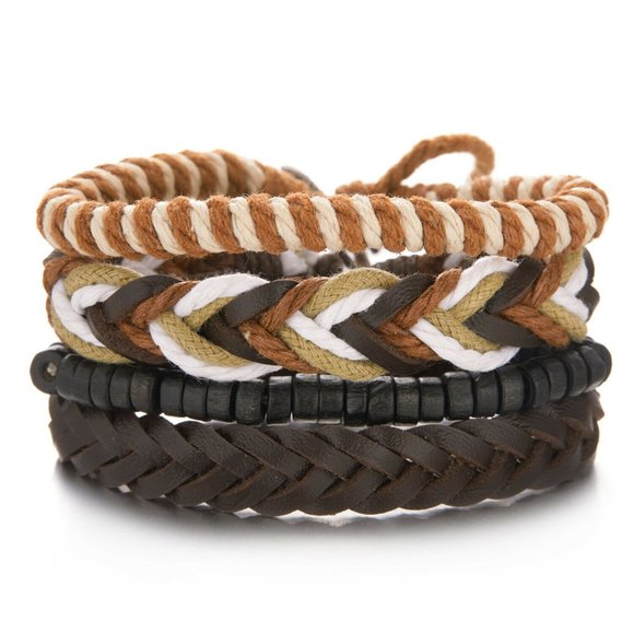 Mens Geniune Leather Rope Braided Weaved Bracelets Set 4 Adjustable Party Gift - Picture 3 of 4